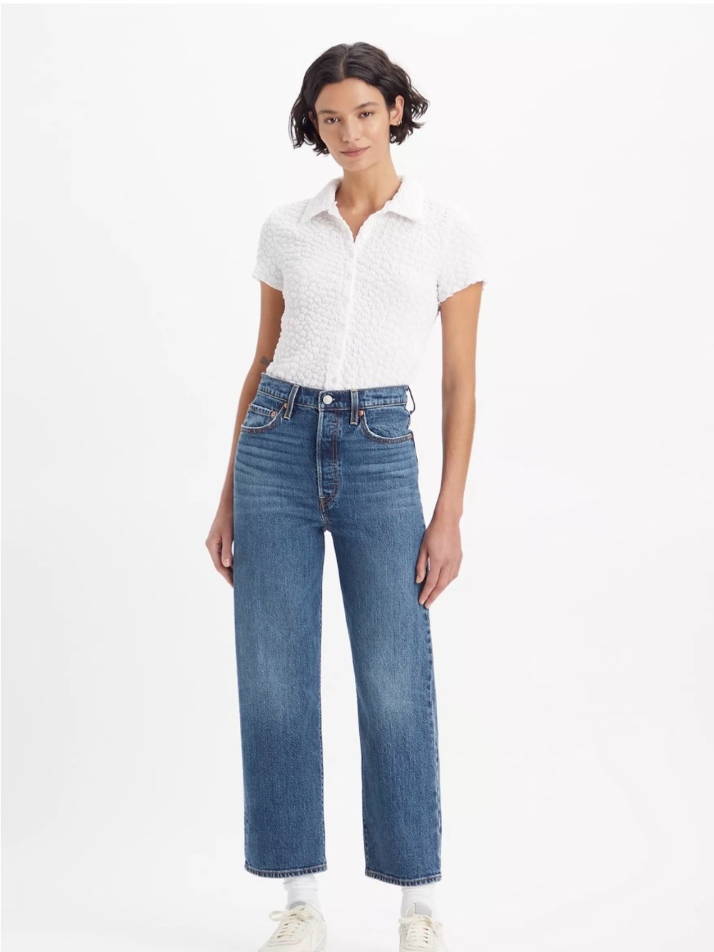 Levi's Button Fly Ribcage Straight Ankle in Dark Blue Wash